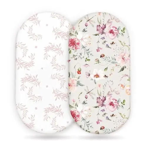Stretch Ultra Soft Fitted Bassinet Sheet Set 2 Pack, Universal Fit for Bassinets Baby Cradle Moses Basket Oval Rectangle Mattress Safe and Snug, Beautiful Flowers and Insects Pattern for Baby Girls - 1