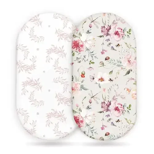 Stretch Ultra Soft Fitted Bassinet Sheet Set 2 Pack, Universal Fit for Bassinets Baby Cradle Moses Basket Oval Rectangle Mattress Safe and Snug, Beautiful Flowers and Insects Pattern for Baby Girls - STRETCH
