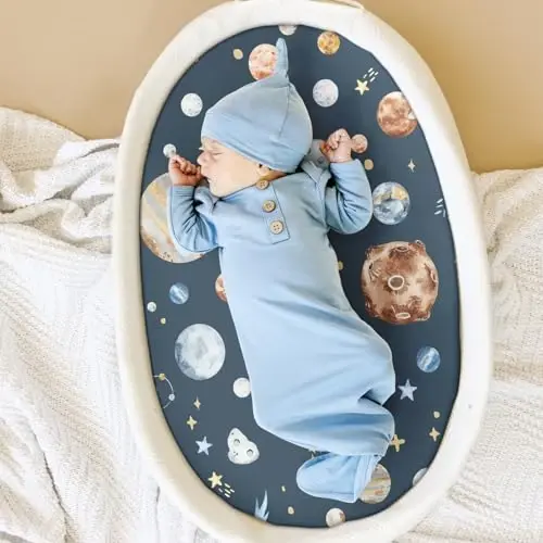 Stretchy Ultra Soft Fitted Bassinet Sheet Set 2 Pack, Universal Fit for Bassinets Baby Cradle Moses Basket Oval Rectangle Mattress Safe and Snug, Space Stylish Print - 3