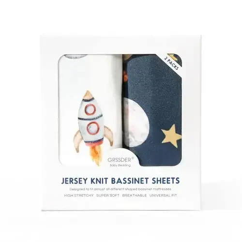 Stretchy Ultra Soft Fitted Bassinet Sheet Set 2 Pack, Universal Fit for Bassinets Baby Cradle Moses Basket Oval Rectangle Mattress Safe and Snug, Space Stylish Print - STRETCHY (1)