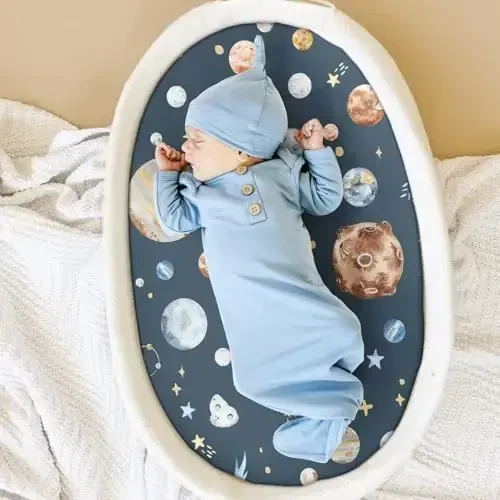 Stretchy Ultra Soft Fitted Bassinet Sheet Set 2 Pack, Universal Fit for Bassinets Baby Cradle Moses Basket Oval Rectangle Mattress Safe and Snug, Space Stylish Print - 3