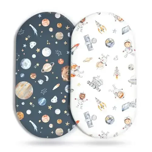 Stretchy Ultra Soft Fitted Bassinet Sheet Set 2 Pack, Universal Fit for Bassinets Baby Cradle Moses Basket Oval Rectangle Mattress Safe and Snug, Space Stylish Print - 1