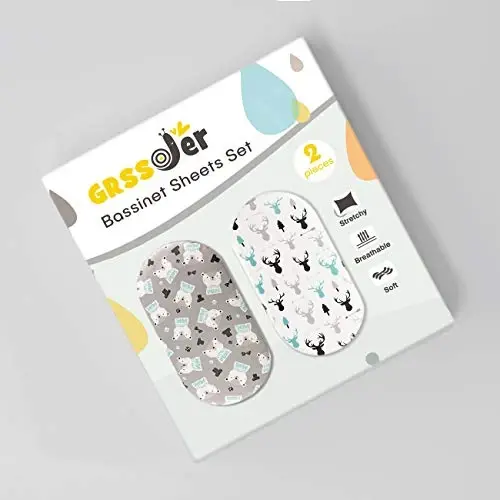 Stretch Ultra Soft Fitted Bassinet Sheet Set 2 Pack, Universal Cradle Sheet Set for Rectangle, Oval, or Hourglass Bassinet Pad/Mattress, Grey Bear Bassinet Sheets for Girls and Boys - STRETCH (1)