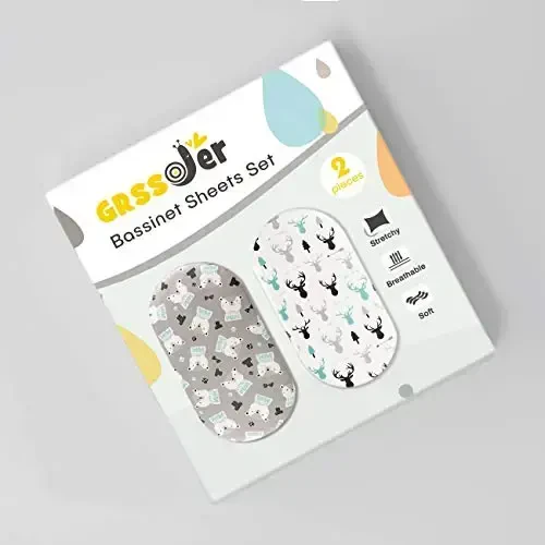 Stretch Ultra Soft Fitted Bassinet Sheet Set 2 Pack, Universal Cradle Sheet Set for Rectangle, Oval, or Hourglass Bassinet Pad/Mattress, Grey Bear Bassinet Sheets for Girls and Boys - STRETCH (1)