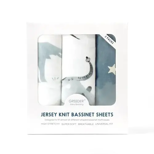Stretchy Ultra Soft Fitted Bassinet Sheets Set 3 Pack, Universal Fit for Bassinets Baby Cradle Moses Basket Oval Rectangle Mattress Safe and Snug, Stylish Bassinet Sheet of Elephant Print - 4