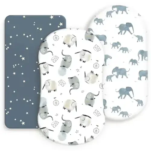 Stretchy Ultra Soft Fitted Bassinet Sheets Set 3 Pack, Universal Fit for Bassinets Baby Cradle Moses Basket Oval Rectangle Mattress Safe and Snug, Stylish Bassinet Sheet of Elephant Print - STRETCHY