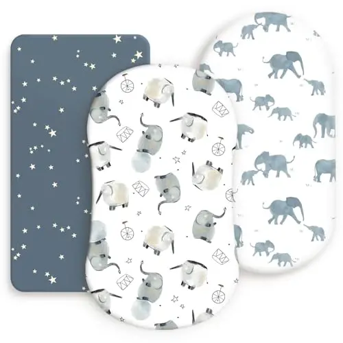 Stretchy Ultra Soft Fitted Bassinet Sheets Set 3 Pack, Universal Fit for Bassinets Baby Cradle Moses Basket Oval Rectangle Mattress Safe and Snug, Stylish Bassinet Sheet of Elephant Print 