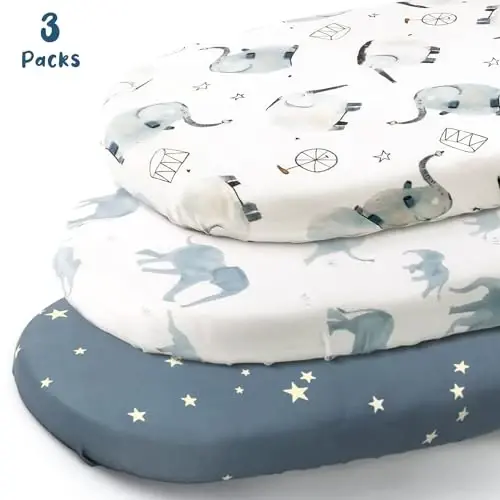 Stretchy Ultra Soft Fitted Bassinet Sheets Set 3 Pack, Universal Fit for Bassinets Baby Cradle Moses Basket Oval Rectangle Mattress Safe and Snug, Stylish Bassinet Sheet of Elephant Print - STRETCHY (1)