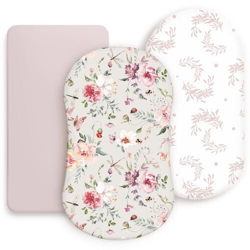 Stretch Ultra Soft Fitted Bassinet Sheet Set 3 Pack, Universal Fit for Bassinets Baby Cradle Moses Basket Oval Rectangle Mattress Safe and Snug, Beautiful Flowers and Insects Pattern for Baby Girls - 29