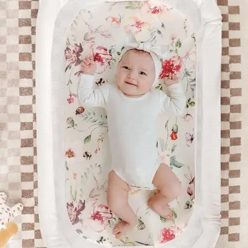 Stretch Ultra Soft Fitted Bassinet Sheet Set 3 Pack, Universal Fit for Bassinets Baby Cradle Moses Basket Oval Rectangle Mattress Safe and Snug, Beautiful Flowers and Insects Pattern for Baby Girls - 17
