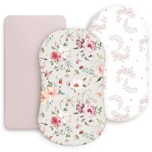 Stretch Ultra Soft Fitted Bassinet Sheet Set 3 Pack, Universal Fit for Bassinets Baby Cradle Moses Basket Oval Rectangle Mattress Safe and Snug, Beautiful Flowers and Insects Pattern for Baby Girls - 29