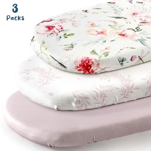 Stretch Ultra Soft Fitted Bassinet Sheet Set 3 Pack, Universal Fit for Bassinets Baby Cradle Moses Basket Oval Rectangle Mattress Safe and Snug, Beautiful Flowers and Insects Pattern for Baby Girls - Stretch (1)