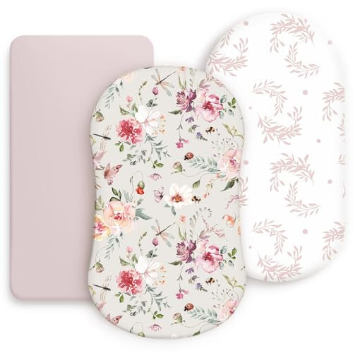 Stretch Ultra Soft Fitted Bassinet Sheet Set 3 Pack, Universal Fit for Bassinets Baby Cradle Moses Basket Oval Rectangle Mattress Safe and Snug, Beautiful Flowers and Insects Pattern for Baby Girls 