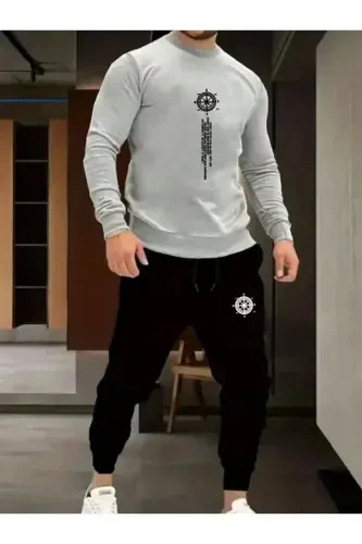 Esofman Takım Bisiklet Yaka 2 Lı Konbın Dık Baskı Kadın/erkek Unısex Mevsımlık-GRI+SIYAH - 1