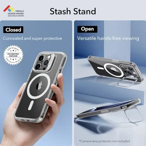 ESR for iPhone 15 Pro Case, Compatible with MagSafe, Military-Grade Protective Clear Case for iPhone 15 Pro,Built-in Stash Stand Phone Case, Scratch-Resistant Back Cover, Classic Series,Clear - 3