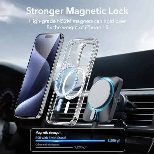 ESR for iPhone 15 Pro Case, Compatible with MagSafe, Military-Grade Protective Clear Case for iPhone 15 Pro,Built-in Stash Stand Phone Case, Scratch-Resistant Back Cover, Classic Series,Clear - 5