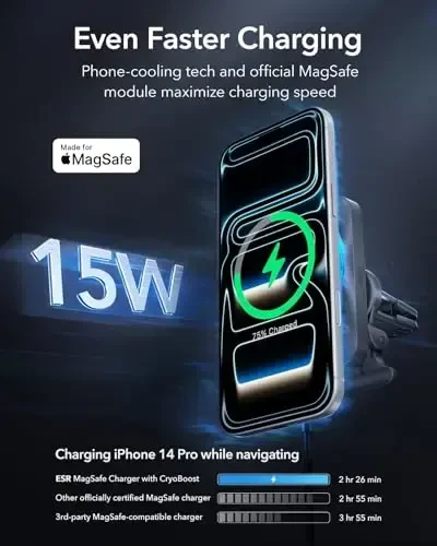 ESR 15W MagSafe avtomobil o'rnatish zaryadlovchi CryoBoost bilan, Apple-sertifikatlangan, MagSafe avtomobil o'rnatish uchun, iPhone 17/16/15/14/13/12 uchun magnit simsiz avtomobil zaryadlovchi, tez zaryadlash, telefon sovutish zaryadlovchi - 2