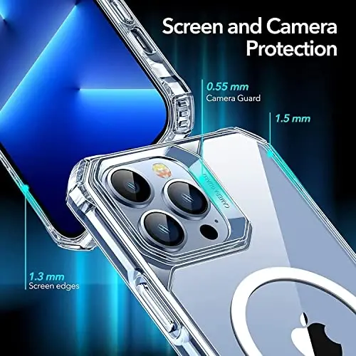 ESR Air Armor Magnetic Case with HaloLock Compatible with iPhone 13 Pro Case, Compatible with MagSafe, Military-Grade Protection, Yellowing-Resistant Hard Back, Shock-Absorbing Corners, Clear - 3
