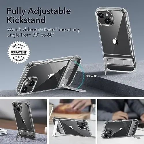 ESR Case for iPhone 15 Plus, Metal Kickstand Case, 3 Stand Modes, Military-Grade Drop Protection, Supports Wireless Charging, Slim Back Cover with Patented Kickstand, Boost Series, Clear - 3
