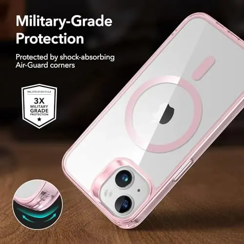 ESR Classic Hybrid Case (HaloLock) - MagSafe mos keluvchi, iPhone 14/13 uchun zarbaga chidamli harbiy darajadagi himoya, tiniq pushti - 5