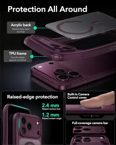 ESR Classic Hybrid for iPhone 18 Pro Max/17 Pro Max Case, Frosted Burgundy | Long-Lasting Anti-Yellowing, Ultra-Thin, Compatible with MagSafe, 3X Military-Grade Protection, Camera Control - 4