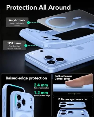ESR Classic Hybrid for iPhone 18 Pro/17 Pro Case, Frosted Light Blue | Long-Lasting Anti-Yellowing, Ultra-Thin, Compatible with MagSafe, 3X Military-Grade Protection, Camera Control - 4