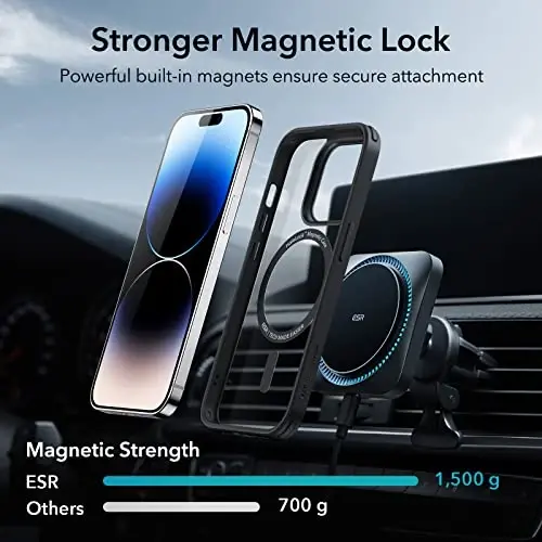ESR Classic Hybrid Magnetic Case with HaloLock, iPhone 14 Pro Max Case uchun MagSafe simsiz zaryadlash bilan mos, zarbga chidamli harbiy standart himoya, tirnalishga chidamli orqa, shaffof qora - 5