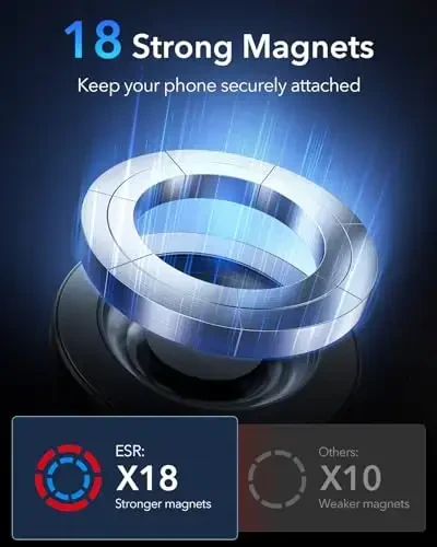 ESR Dashboard Magnetic Phone Holder for Car, for MagSafe Car Mount, Windshield Vacuum Car Mount for iPhone 17/16/16e/15/14/13/12, Samsung, Pixel 10, Charging Not Supported, 2 Metal Rings Included - 2