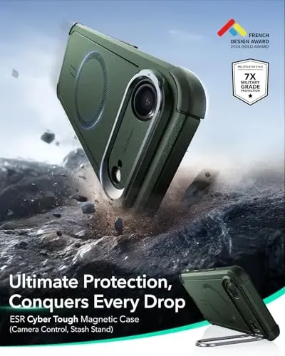 ESR для чехла iPhone Air с подставкой Stash, 7-кратная защита от падений по военному стандарту, управление камерой, прочный чехол для телефона iPhone 17 Air с амортизацией, совместим с аксессуарами MagSafe, серия Cyber, зеленый - 3