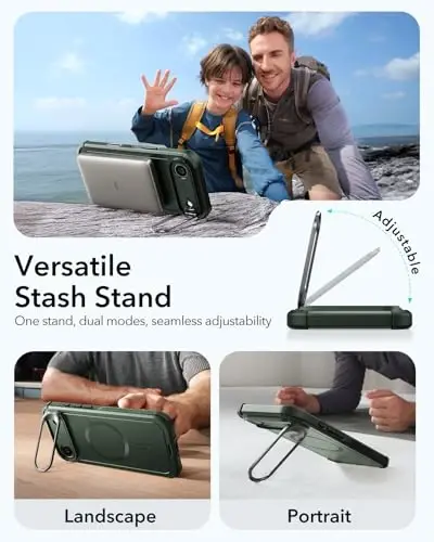ESR для чехла iPhone Air с подставкой Stash, 7-кратная защита от падений по военному стандарту, управление камерой, прочный чехол для телефона iPhone 17 Air с амортизацией, совместим с аксессуарами MagSafe, серия Cyber, зеленый - 6