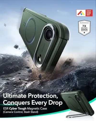 ESR для чехла iPhone Air с подставкой Stash, 7-кратная защита от падений по военному стандарту, управление камерой, прочный чехол для телефона iPhone 17 Air с амортизацией, совместим с аксессуарами MagSafe, серия Cyber, зеленый - ESR
