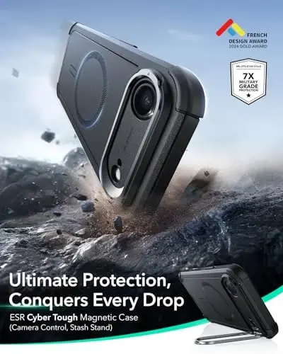 ESR для чехла iPhone Air со складной подставкой, защита от падения по военному стандарту 7X, управление камерой, прочный чехол для телефона iPhone 17 Air, совместимый с аксессуарами MagSafe, серия Cyber, черный - 3