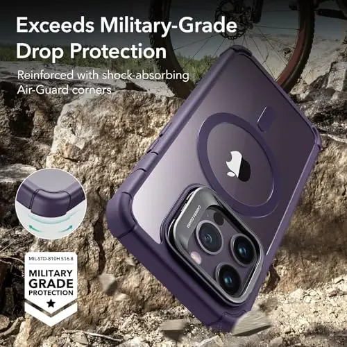 ESR для iPhone 14 Pro Case с подставкой, совместимый с MagSafe, противоударный чехол военного класса с защитой всего корпуса, встроенная защитная пленка для экрана из закаленного стекла 9H+, серия Armor, прозрачный фиолетовый - 4