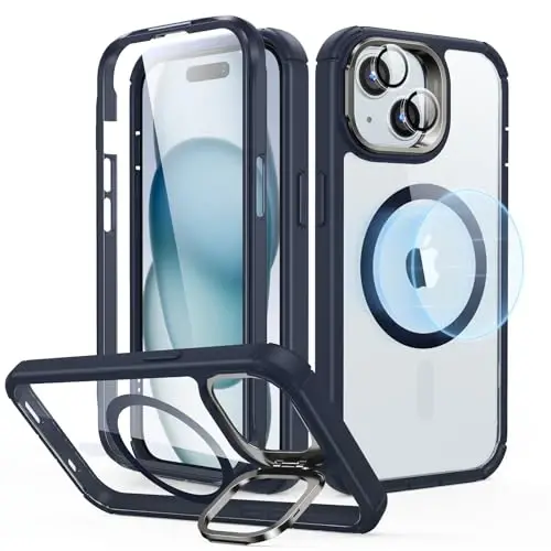 ESR для iPhone 15 Case with Stand, Compatible with MagSafe, Full-Body Military-Grade Drop Proof Case with Built-in 9H+ Tempered Glass Screen Protector, Armor Series, Clear Dark Blue - 1