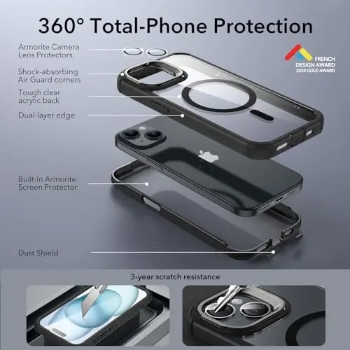 ESR для iPhone 15 Plus чехол с подставкой, совместимый с MagSafe, ударопрочный чехол по стандартам армии, с защитным стеклом 9H+, серия Armor, прозрачный черный - 3