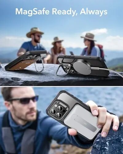 ESR для iPhone 15 Plus чехол с подставкой, совместимый с MagSafe, ударопрочный чехол по стандартам армии, с защитным стеклом 9H+, серия Armor, прозрачный черный - 3