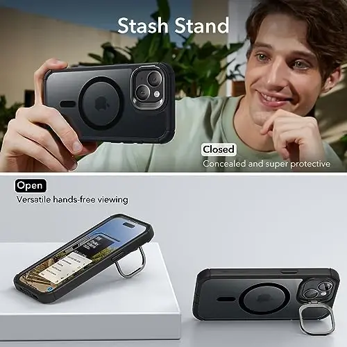 ESR для iPhone 15 Plus чехол с подставкой, совместимый с MagSafe, ударопрочный чехол по стандартам армии, с защитным стеклом 9H+, серия Armor, прозрачный черный - 6