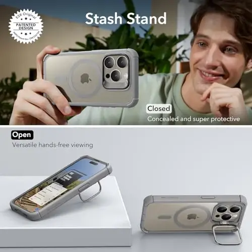 ESR для iPhone 15 Pro Case с подставкой, совместимый с MagSafe, противоударный чехол военного класса с закаленным стеклом 9H+, серия Armor, прозрачно-серый - 5