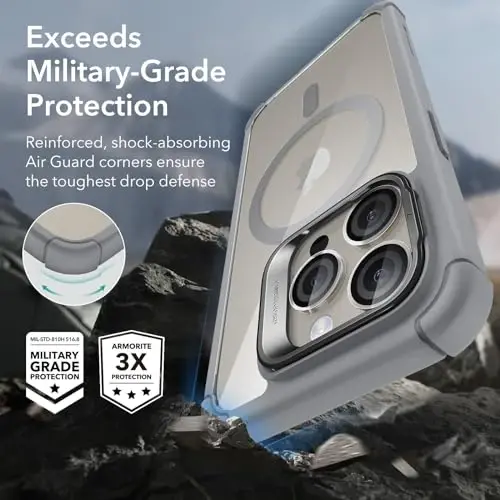 ESR для iPhone 15 Pro Case с подставкой, совместимый с MagSafe, противоударный чехол военного класса с закаленным стеклом 9H+, серия Armor, прозрачно-серый - 4
