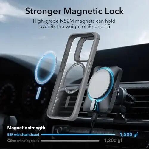 ESR для iPhone 15 Pro Case с подставкой, совместимый с MagSafe, противоударный чехол военного класса с закаленным стеклом 9H+, серия Armor, прозрачно-серый - ESR