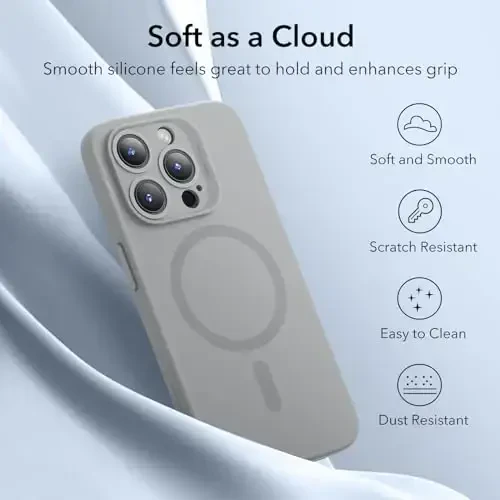 ESR для iPhone 15 Pro Max Case с MagSafe, Поддержка Магнитной Зарядки, Тонкий Жидкий Силиконовый Чехол, Амортизирующий, Защита Экрана и Камеры, Cloud Series, Серый - 6