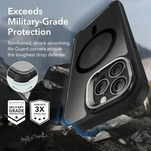ESR для iPhone 15 Pro Max чехол с подставкой, совместимый с MagSafe, противоударный чехол военного класса с закаленным стеклом 9H+, серия Armor, прозрачно-черный - 5