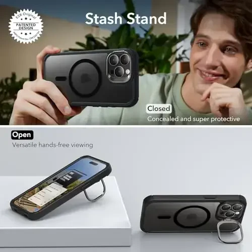 ESR для iPhone 15 Pro Max чехол с подставкой, совместимый с MagSafe, противоударный чехол военного класса с закаленным стеклом 9H+, серия Armor, прозрачно-черный - 6