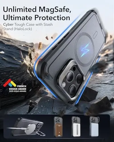 ESR для iPhone 15 Pro Max с подставкой, защита от падения с высоты 7 м (военный стандарт), прочный магнитный чехол, совместимый с аксессуарами MagSafe, серия Cyber, серый - 3