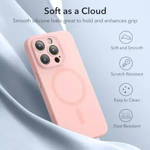 ESR для iPhone 15 Pro с MagSafe, поддержка MagSafe зарядки, тонкий силиконовый чехол, защита от ударов, защита экрана и камеры, серия Cloud, розовый - 6