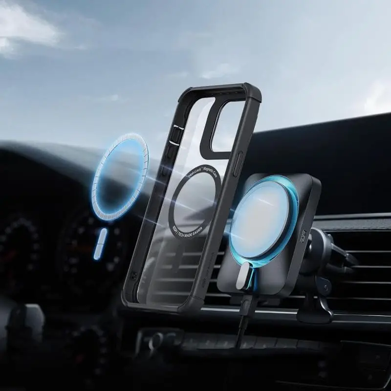 ESR для iPhone 15 Pro с подставкой, совместимый с MagSafe, противоударный чехол военного класса, встроенная защитная пленка из закаленного стекла 9H+, серия Armor, прозрачный черный - 2