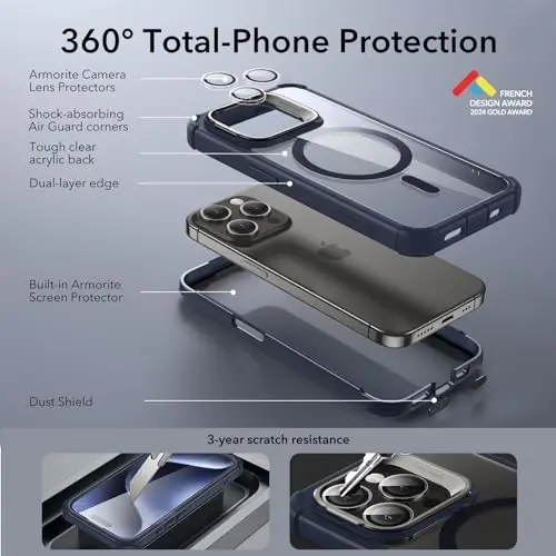 ESR для iPhone 15 Pro, совместимый с MagSafe, противоударный чехол военного класса для iPhone 15 Pro со встроенной защитной пленкой для экрана из закаленного стекла 9H+ и подставкой, прозрачный темно-синий - 3