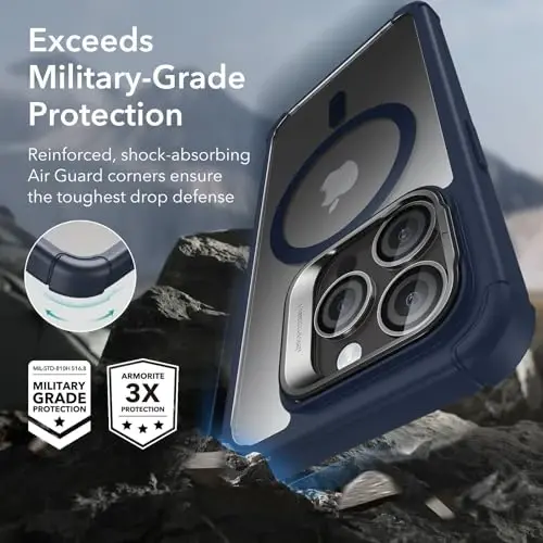 ESR для iPhone 15 Pro, совместимый с MagSafe, противоударный чехол военного класса для iPhone 15 Pro со встроенной защитной пленкой для экрана из закаленного стекла 9H+ и подставкой, прозрачный темно-синий - 5