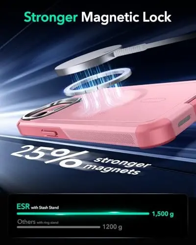 ESR для iPhone 15 с подставкой, защита от падения с высоты 7 м по военному стандарту, прочный магнитный чехол, совместимый с аксессуарами MagSafe, серия Cyber, розовый - 6