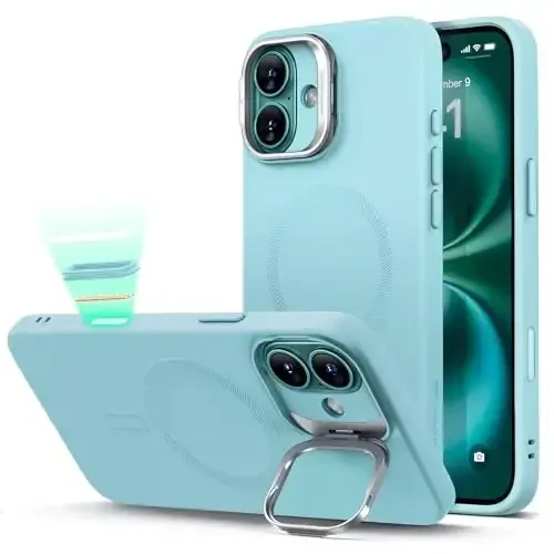 ESR для iPhone 16 Case, Camera Control Button Silicone Case with Stand, Compatible with MagSafe, Built-in Camera Stash Stand, Magnetic Phone Case for iPhone 16 Pro Max,Cloud Series,Teal - ESR
